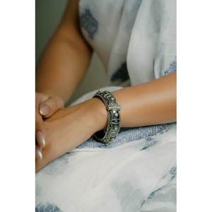 Tridha Vintage Inspired 925 Silver Openable Floral Shape Oxidised Finish <b>Kada</b> Bangle - Product Image 1