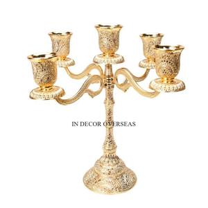 Métal de qualité supérieure plaqué or de haute qualité fabriqué à 5 bras candélabres accessoires de décoration de pièce maîtresse de Table de mariage de l'Inde - Product Image 2