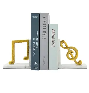 Tabletop Decor Bookends Elegant White Marble L-Shaped Desktop Book End Holders with Brass Tone Aluminum Sculpted Musical Notes