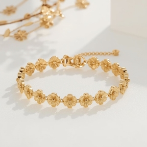 Elegante Brazalete de Oro Amarillo Sólido de 9K con Eslabones de Flor, Certificado GIA, Cadena Minimalista, Joyería Fina para Uso Diario para Mujer, OEM - Product Image 1