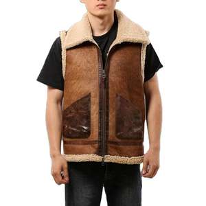 Hiver cuir véritable mens zip revers poche gilet style vintage épais chaud vraie fourrure polaire doublure douce vêtements d'extérieur classiques - Product Image 1