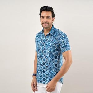 Chemise décontractée pour homme en popeline de coton bleu indigo, coupe classique, respirante, imprimée de fleurs, taille 6XL pour l'été - Product Image 4