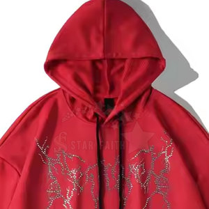 Sweat à capuche délavé à l'acide pour hommes de style urbain en coton mélangé avec strass détaillant motif imprimé scintillant pull d'hiver - Product Image 3
