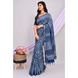 Sari de lino y algodón para mujer, estampado a mano con motivos florales dibujados a mano, largo, para uso diario, con un toque de moda. - Product Image 1