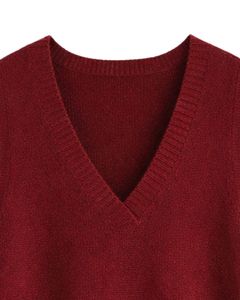 Customized Wine Red <b>Womens</b> Knitted Sleeveless Sweater Vest V Neck With Front Pockets Casual Winter Layering OEM Factory - Product Image 5