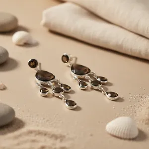 Boucles d'oreilles pendantes en argent 925 plaqué or 18 carats avec quartz fumé pour femmes, pour mariages et fêtes, avec diamant moissanite et perle - Product Image 1