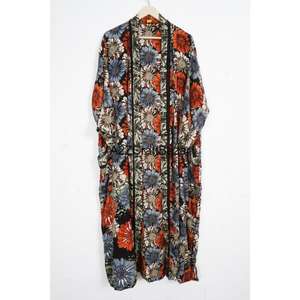 Bata Kimono de Seda de Lujo para Mujer, Diseño Floral Vintage con Parches de Sari, Ropa de Dormir Larga y Suave, Transpirable para Verano - Product Image 4