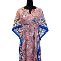 Kaftan marocain de luxe confortable en voile de coton doux imprimé à la main, taille standard, vêtement de nuit, grande taille, coupe droite courte, naturel