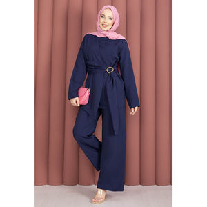 Navy Blue <b>Linen</b> Tunic and Pants Two-Piece Set with Waist Belt Accessory Detail Large Size for Summer and Autumn Outfits - Product Image 4