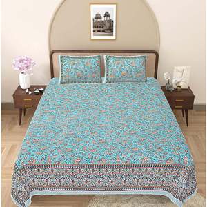 Parure de lit double 3 pièces imprimée fleurs bleu turquoise avec 2 taies d'oreiller et drap plat pour usage domestique, fonction massage ADB1473 - Product Image 2