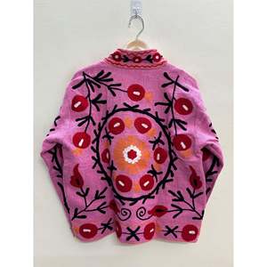 The Anaar Bagh Reversible Quilted Suzani Embroidered Cotton <b>Jacket</b> Blush Pink with Crimson Florals Custom Logo Bomber for Spring - Product Image 2
