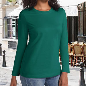 Camiseta de algodón de color sólido para mujer, camiseta de manga larga de color sólido con cuello personalizado, camiseta transpirable de talla grande para mujer - Product Image 3