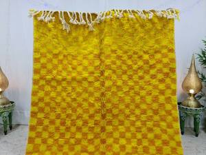 Tapis marocain authentique en laine de mouton tissé à la main Funky Yellow Checkered Design Winter High Pile Area Rug Set Custom Size - Product Image 3