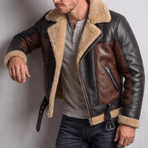 Chaqueta de Motero de Cuero Genuino para Hombre con Forro de Piel Sintética, Cortavientos, Estilo Invernal, Cierre de Cremallera, Corte Regular - Product Image 1