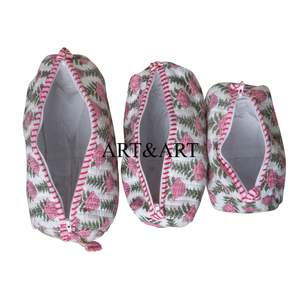 Vintage Eco-Friendly Quilted Zipper for Set Makeup Organizer Travel Bridesmaid <b>Cosmetic</b> 3PC Pouch Set Hand Block Printed - Product Image 4