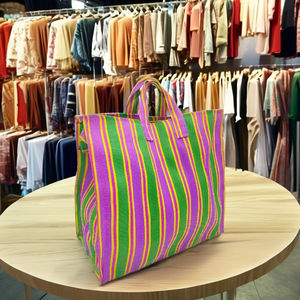 Coloré Écologique Réutilisable Fermeture Éclair En Plastique Tissé Rayé Sac À Provisions Handloom Recyclé Sacs De Plage avec Style De Mode - Product Image 2