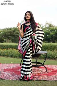 Fancy Trending Satin Georgette Geometrical Strips Print With Floral Print Border Saree Fabricant et fournisseur de Surat - Product Image 3