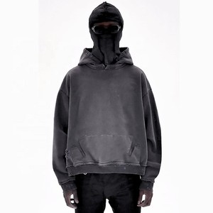 Sudadera con capucha lavada con ácido desgastada de peso pesado para hombre con logotipo bordado personalizado térmico Diseño de corte y costura de parche vintage - Product Image 4