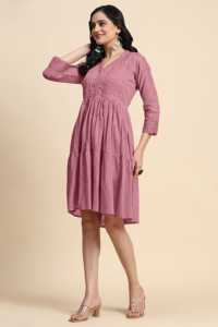 Trendmalls femmes pur coton Midi formel a-ligne robe occidentale évasée plissée motif solide taille naturelle respirant - Product Image 3