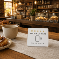 Autocollant carré en acrylique NFC personnalisable pour avis clients – Tap to Review pour comptoir de bar et zone d'accueil de café