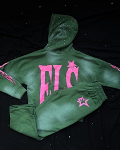 ชุดวอร์มผู้ชายลำลองผ้าฝ้าย 100% ย้อมสีแบบแอซิดวอช ประดับเพชรเทียม ไซส์พลัส ผ้าฟลีซหนานุ่มสำหรับฤดูหนาว มีฮู้ดและเชือกผูก - Product Image 5