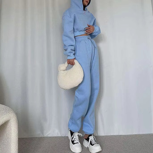 Conjunto de pantalones de chándal y sudaderas con capucha de algodón y forro polar de alta calidad OEM Conjunto de dos piezas con Sudadera con capucha recortada para exteriores Ropa de calle para mujer - Product Image 6