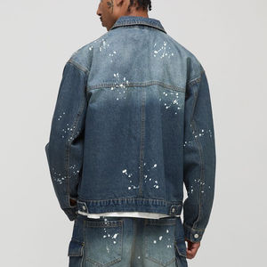 Fait sur mesure 100% coton hommes Vintage délavé Denim veste longue laine doublée respirant hiver manteau col montant fermeture éclair bouton - Product Image 5