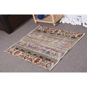 Alfombra de Tapicería Tradicional Vintage Beige con Diseño de Patchwork, 2,9 x 3,1 pies, Hecha a Mano, Rectangular, de Lana Ecológica, Pelo Medio, Alta Calidad - Product Image 1