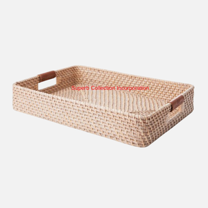 Plateau de service en rotin naturel tissé à la main avec poignées en cuir Plateau de rangement décoratif en osier rectangulaire pour l'organisation de la cuisine - Product Image 1