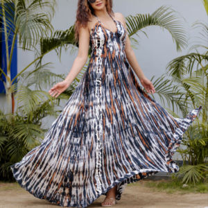 Vestido de tendencia de verano para mujer Rayón Tie Dye Largo sin espalda Spaghetti V Neck Maxi Dress - Product Image 1