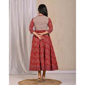 Vestido indio rojo Jaal Jaipuri estampado, Angrakha largo de algodón, Choli con Lehenga y Salwar, estilo Bollywood, Saree - Product Image 6