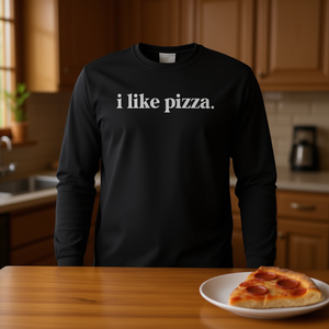 T-shirt Minimalista a Maniche Lunghe con Citazione 'I Like Pizza' per Amanti della Cucina - Articolo Promozionale - Product Image 3