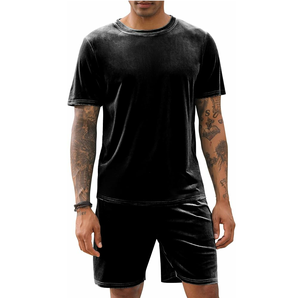 Breathable Black Velvet Two Pieces Set <b>Track</b> Suits Mens Short Sets <b>Velour</b> Blank Jogging Workout Gym Joggers t-Shirt Short Sets - Product Image 1