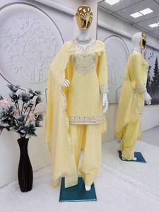 Conjunto de Salwar Kameez Corto por Encima de la Rodilla, Color Amarillo Pastel, Bordado, de Lujo, con Dupatta, en Tela Chifón y Georgette - Product Image 5