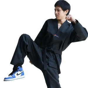Uniforme de Taekwondo para hombre y mujer en blanco y negro conjuntos de ropa de algodón elástico cinturón gratis para trajes de Karate para adultos niños W.T.F - Product Image 4