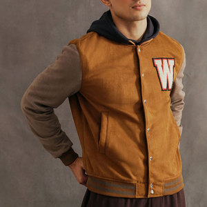 <b>Men's</b> Brown <b>Suede</b> Varsity <b>Jacket</b> Embroidered W Letter Front Button Closure HIGH STREET Style Winter Reversible Quick Dry - Product Image 3