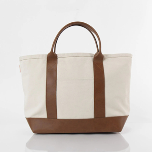MORGANS INDUSTRIES <b>Canvas</b> <b>Tote</b> Bag Brown Leather Handles Base Solid Color Minimalist Design Zipper Closure All Seasons for Daily - Product Image 1