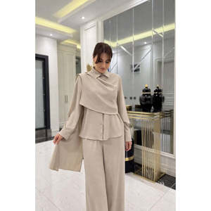 Conjunto de Dos Piezas para Mujer de Jane: Blusa Elegante de Manga Larga con Detalle de Chal y Pantalones de Corte Clásico, Atuendo Femenino Elegante para Adultas - Product Image 2