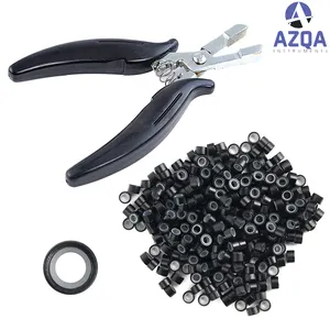 Black Hair Extensions Plier with 500pcs 4mm Black Hair Extension Beads Silicone Lined Micro Links Rings Beads for Hair Extension