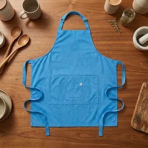 Bib <b>Apron</b> Sleeveless Blue Cotton Woven Classic Eco-Friendly with Pocket Machine Washable for Cooking Daily Use - Product Image 6