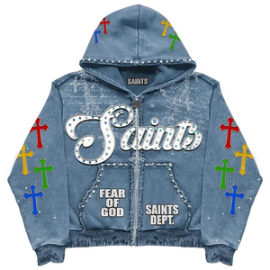 OEM personalizado Zip up Distress parche bordado Sharp Hood Sudadera con capucha Rhinestone ácido lavado Color Sudadera con capucha Rhinestones completos Sudadera con capucha 2025 - Product Image 1