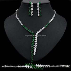 Link verde bianco abito da sposa Set di gioielli a goccia d'acqua a forma di cuore in vero oro placcato collana orecchini bracciale donna Set - Product Image 1