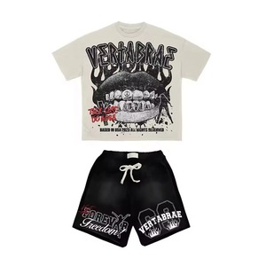 Conjunto de pantalones cortos informales de verano para hombre 2025 algodón con logotipo personalizado lavado ácido transpirable medias mangas con dobladillo crudo trajes cortos para hombre - Product Image 5