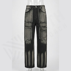 Pantalones Vaqueros Rectos de Diseñador para Hombre, Estilo Vintage, Lavado, con Parches, Ropa Urbana, Ajustados, para Verano y Otoño, OEM Personalizado - Product Image 1