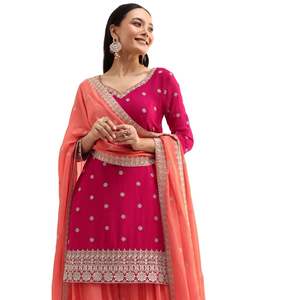 Rosa y melocotón Kurta Palazzo con Dupatta en Zari trabajo al por mayor mujeres étnicas OEM proveedor de fábrica de ropa traje personalizado - Product Image 2