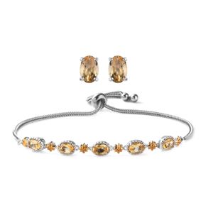 Karis Brazilian Citrine Solitaire Stud Earrings and Bolo Bracelet in 18K YG Plated, Platinum Bond and Stainless Steel