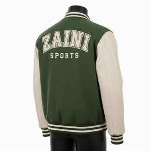 Veste universitaire pour homme de haute qualité, corps en laine 320GSM, manches en cuir PU, panneaux contrastés vert crème, veste universitaire personnalisée en chenille - Product Image 4