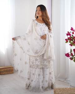 Salwar Kameez Sharara Traditionnel Brodé pour Femme, en Georgette Étoilée, Coupe Classique, Séchage Rapide, Toutes Saisons, Idéal pour Fêtes et Plage - Product Image 1