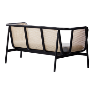 โซฟากรอบสีดำหรูหราพร้อมแผงไม้สานมือและเบาะสีเทานุ่ม2-Seater ทันสมัยสำหรับการใช้ชีวิตในเมืองที่ทันสมัย - Product Image 3