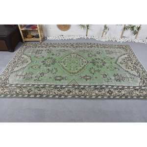 Tapis turc vintage 5.9x9.1ft vert beige tissage plat en laine avec motif patchwork pour décorations de salon ou couloirs - Product Image 3